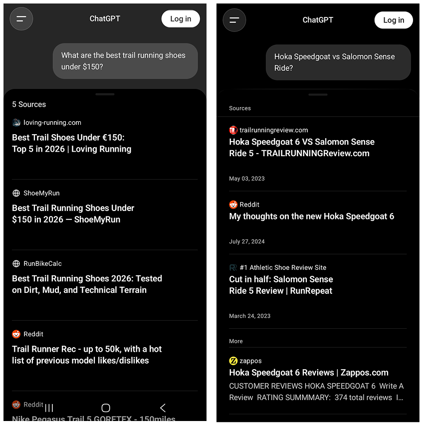 Two ChatGPT mobile screenshots side by side showing cited sources for trail running shoe queries, including Reddit, Zappos, RunRepeat, and trail running review sites.