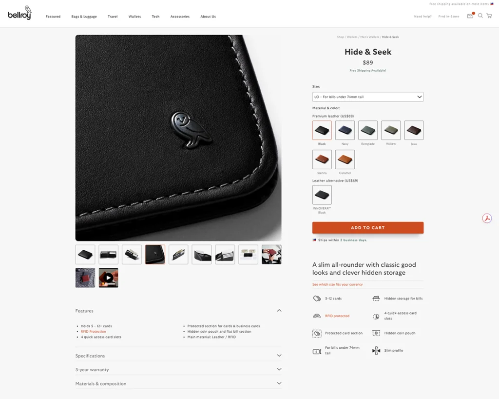 Bellroy Hide & Seek wallet page with close-up leather texture and detail thumbnails