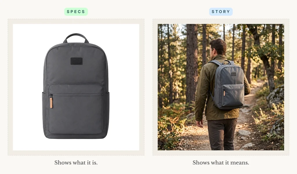 Side-by-side comparison of a product photo on a white background and a lifestyle photo of the same backpack worn on a hiking trail.