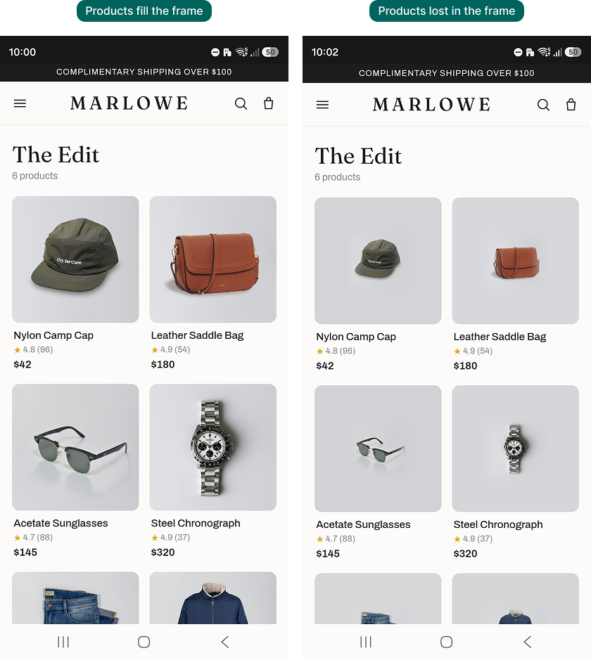 Side-by-side mobile screenshots of the same Shopify collection page, showing products that fill the thumbnail frame versus products sitting small and lost in the frame