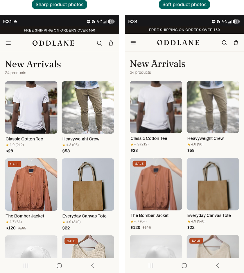 Side-by-side mobile screenshots of the same Shopify store, showing sharp product photos versus softer, network-compressed versions