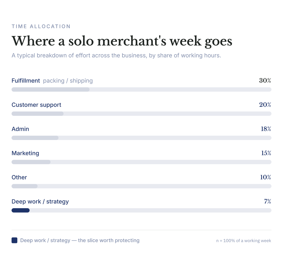 Chart showing how solo ecommerce merchants typically spend their working week