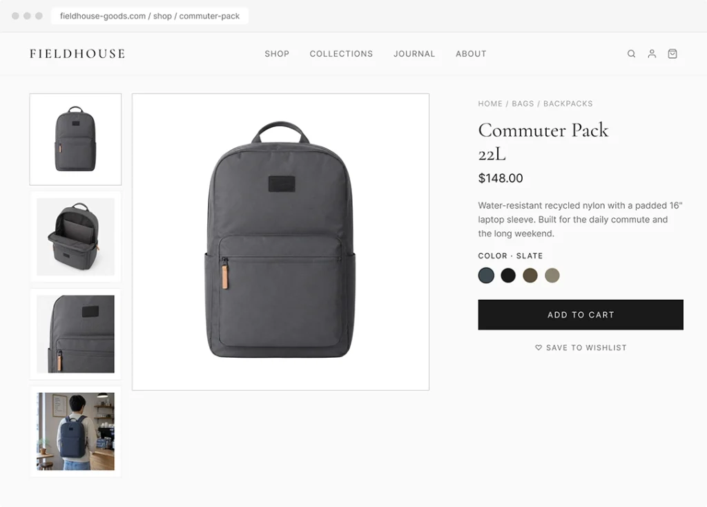 An online store’s product detail page using a white background product photography hero image with a lifestyle shot in the gallery