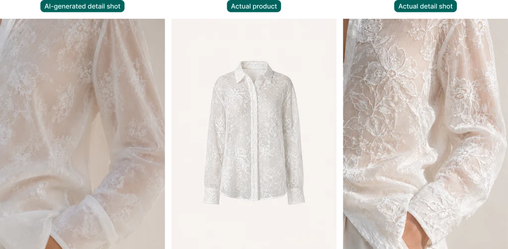 Side-by-side of an AI-generated detail shot, actual product photo, and real detail shot of a white lace blouse, showing texture differences.