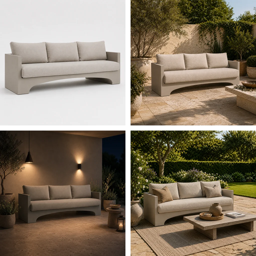 Grid comparing a studio photo of a beige outdoor sofa with three AI-generated lifestyle scenes in courtyard, evening patio, and garden settings.