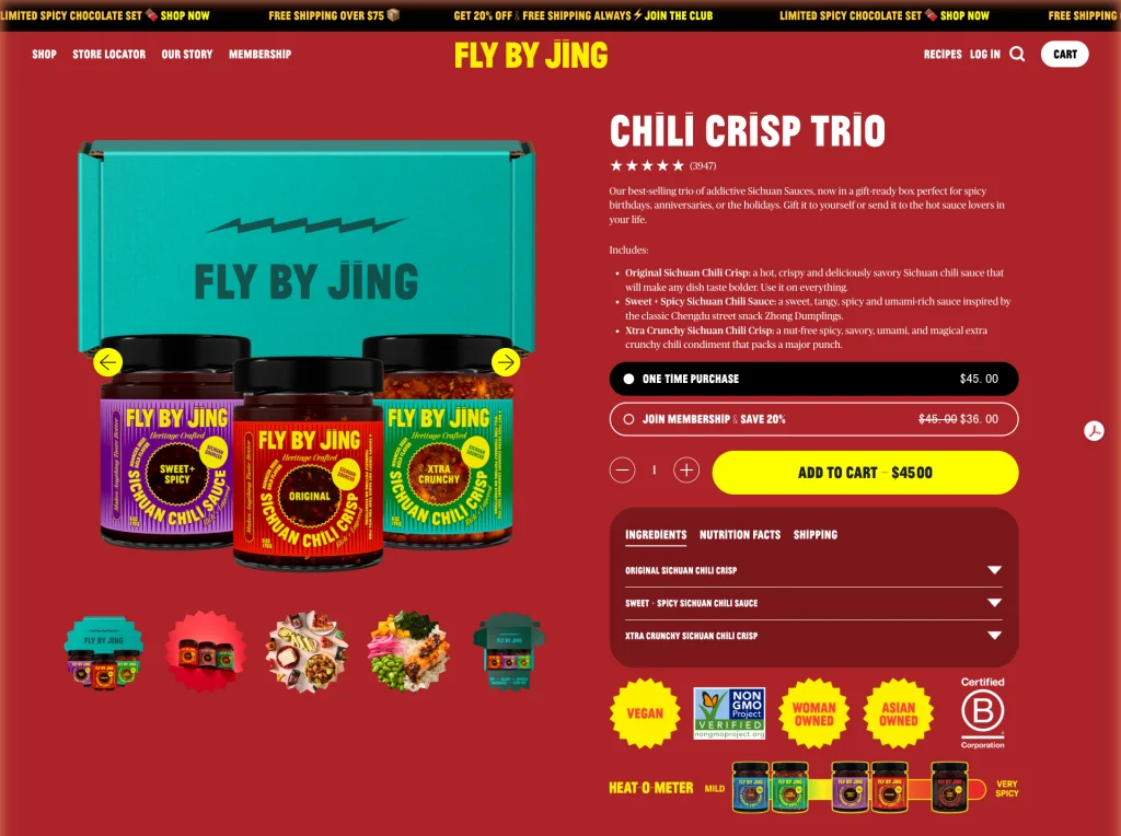 Fly By Jing Chili Crisp Trio product page showing three bundled Sichuan sauce jars in a gift box priced at $45.