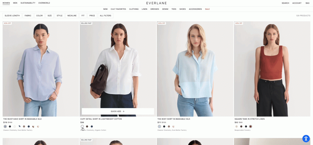 Everlane results page where hovering a product card reveals a Quick Add button and clicking a color swatch swaps the product image to that color.