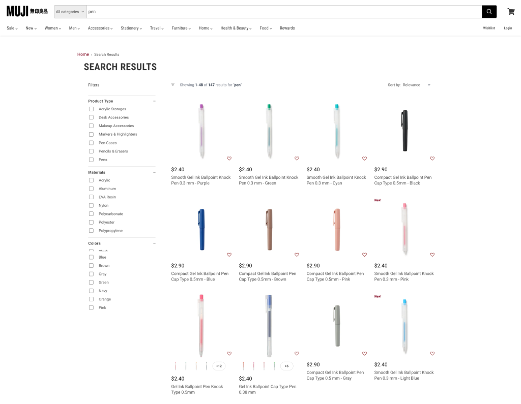 MUJI search results page for "pen" shows a consistent product grid with matching image framing, descriptive product names, prices, and filters for product type, material and color.