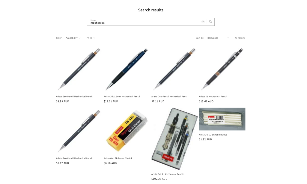 Ecommerce search results page for "mechanical" showing several near-identical Aristo mechanical pencils with similar images and one truncated product name.