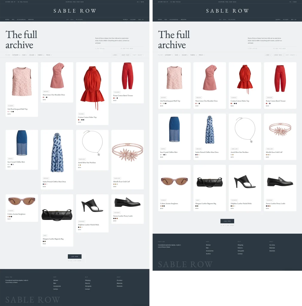 Side-by-side Shopify collection page — left with inconsistent product image sizes and look, right with standardized square images in an even grid.