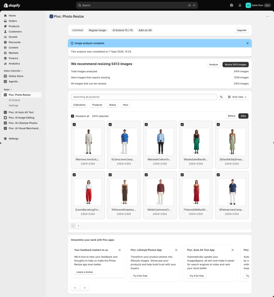 Pixc Photo Resize app in Shopify admin showing an image audit — 5,414 images analyzed, 5,413 recommended for resizing, 1,259 hero images flagged.